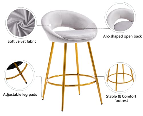 CIMOTA Velvet Grey Bar Stools Set of 2 Modern Barstools 26 Inch Counter Stool Chairs with Open Back/Gold Base Kitchen Stools for Island/Home Bar/Dining Room/Kitchen