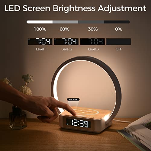 blonbar Bedside Lamp Qi Wireless Charger LED Desk Lamp with Alarm Clock, Touch Control 3 Light Hues, 10W Max Wireless Charging Table Lamp,Eye-Caring Reading Light for Kids, Adults, Home.