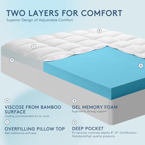 HYLEORY Dual Layer 4 Inch Memory Foam Mattress Topper Twin Size, Breathable & Medium Support, 2 Inch Cooling Gel Memory Foam & 2 Inch Viscose from Bamboo Pillow Top Mattress Pad Cover for Back Pain