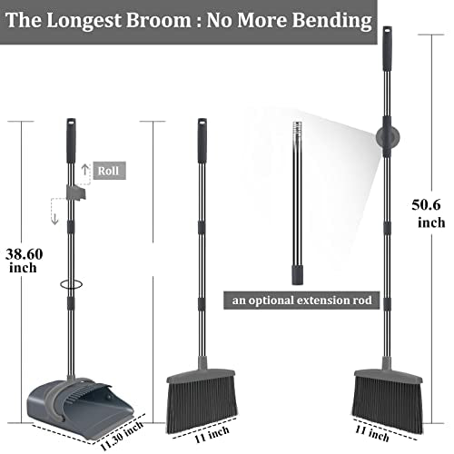 Broom and Dustpan Set, Broom Dust pan, Dustpan with Long Handle, Broom with Dustpan, Broom and Dustpan Set for Home, Dustpan Comb, Broom with Dustpan Indoor or Outdoor Broom(Deep Gray&Light Gray)