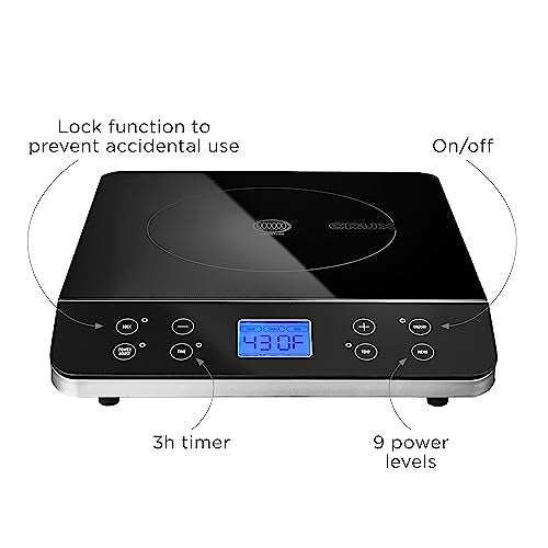 Crux Portable Induction Cooktop, Electric Hot Plate, Programmable Single Burner with Touchscreen LCD Display, Temperature Control, and Auto Shut Off, 1800 Watt, Black