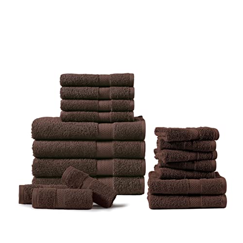 18 Piece Bath Towels Set, 100% Cotton Bathroom Towels, Super Absorbent Towel Sets for Bathroom, Gym Towels, Spa Towels, 4 Large Bath Towels, 6 Hand Towels, 8 Washcloths - Chocolate Brown
