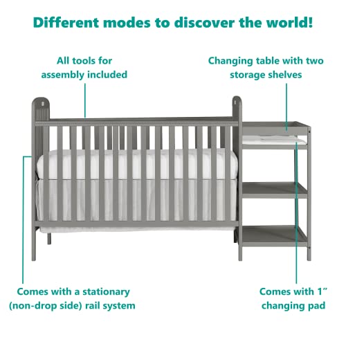 Dream On Me Anna 3-in-1 Full-Size Crib and Changing Table Combo in Steel Grey, Greenguard Gold Certified, Non-Toxic Finishes, Includes 1" Changing Pad, Wooden Nursery Furniture