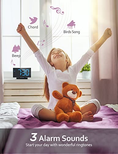 GOLOZA Digital Alarm Clock for Bedrooms, Digital Clock with Modern Curved Design, Conspicuous Blue LED Numbers, 5 Levels Brightness+Off, 2 Volume, 3 Alarm Tones, Snooze, Power-Off Memory, 12/24H