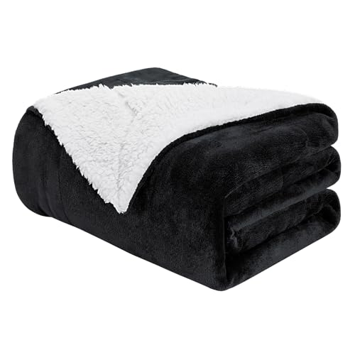 Sherpa Fleece Throw Blanket - Thick and Warm Blanket for Winter, Warm Plush Fleece Reversible Blanket for Bed, Sofa, Couch, Camping and Travel, Black, 50x60 Inches