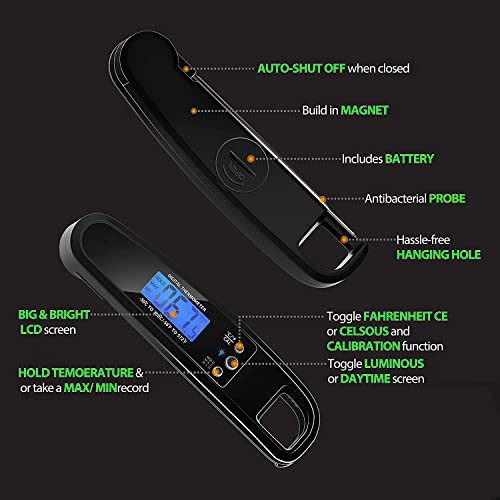 Hoseili Instant Read Meat Thermometer for Grill and Cooking. Best Waterproof Ultra Fast Thermometer with Backlight & Calibration. Digital Food Probe for Kitchen, Outdoor Grilling and BBQ,WDD1