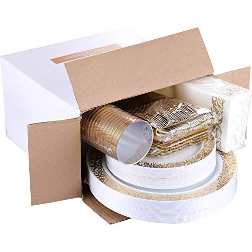 175 Piece Gold Dinnerware Set 25 Guest-50 Gold Lace Plastic Plates-25 Gold Plastic Silverware-25 Gold Plastic Cups-25 Linen Like Gold Paper Napkins, FOCUSLINE Disposable Dinnerware Set