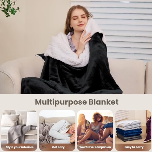Sherpa Fleece Throw Blanket - Thick and Warm Blanket for Winter, Warm Plush Fleece Reversible Blanket for Bed, Sofa, Couch, Camping and Travel, Black, 50x60 Inches