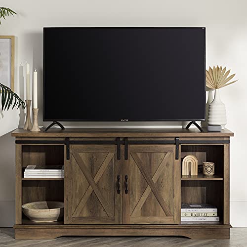 Walker Edison Richmond Modern Farmhouse Sliding Barn Door Stand for TVs up to 65 Inches, Without Fireplace, Rustic Oak