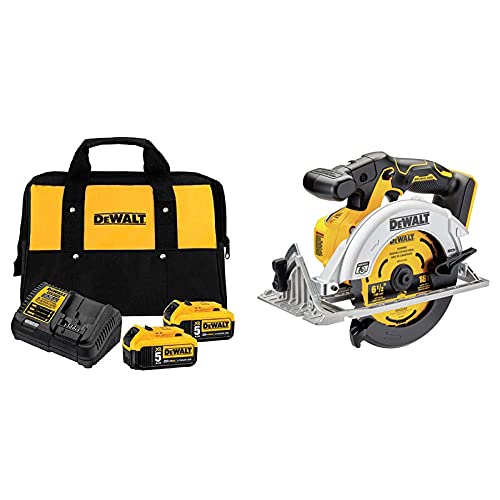 DEWALT 20V MAX Battery Starter Kit with 2 Batteries, 5.0Ah (DCB205-2CK) 20V MAX* Circular Saw, 6-1/2-Inch, Cordless, Tool Only (DCS565B)