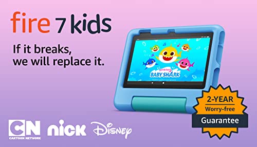 Amazon Fire 7 Kids Tablet (2022) - ages 3-7. 2 year worry-free guarantee, 10-hr battery, ad-free content, parental controls, durable high-res screen, kid-proof case with kickstand, 16 GB, Blue