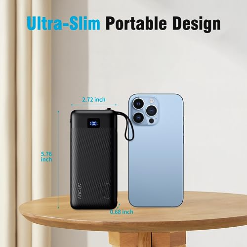 ANOUV Portable Charger with Built-in Cables&AC Wall Plug,10000mAh Power Bank,PD 22.5W USB-C Fast Charging External Battery Pack with LED Display Compatible with iPhones and All Smart Device(2 Pack)