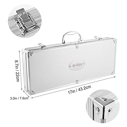 grilljoy 24PCS BBQ Grill Tools Set with Meat Thermometer and Injector - Extra Thick Stainless Steel Spatula, Fork& Tongs - Complete BBQ Accessories in Aluminum Case - Perfect Grill Gifts for Men