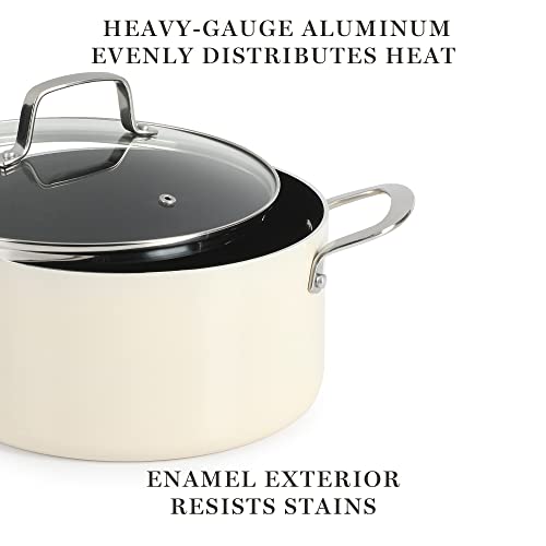 Martha Stewart Lockton Premium Nonstick 10 Piece Enamel Heavy Gauge Aluminum Pots and Pans Cookware Set - Linen White