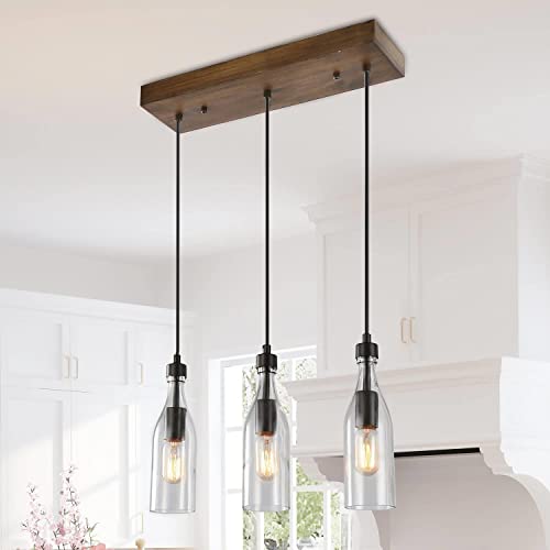 LNC Wooden Pendant Lights, 3-Height Adjustable Bottle Glass Pendant Lighting, Clear Glass Bottle Inspired Lighting Fixture