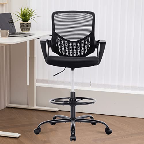 HOMEFLA Mid-Back Mesh Drafting Chair - Tall Office Chair with Armrest Standing Desk Chair Counter Height with Adjustable Foot Ring (Black)