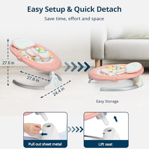 Bioby Electric Baby Swing for Infants, Portable Baby Swing for Newborn Boy Girls with 5 Swing Speeds, Bluetooth Touch Screen/Remote Control, Baby Rocker Chair with Music Speaker 5 Point Harness Pink