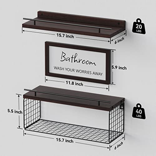 WOPITUES Floating Shelves with Bathroom Wall Décor Sign, Wood Floating Bathroom Shelves over Toilet with Toilet Paper Storage Basket Set of 3, Floating Shelf with Guardrail for Wall Décor–Rustic Brown