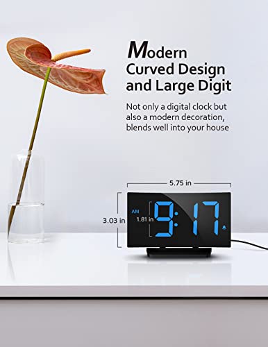GOLOZA Digital Alarm Clock for Bedrooms, Digital Clock with Modern Curved Design, Conspicuous Blue LED Numbers, 5 Levels Brightness+Off, 2 Volume, 3 Alarm Tones, Snooze, Power-Off Memory, 12/24H