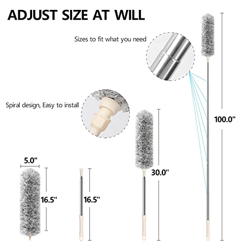 Clonynix Microfiber Feather Duster with Telescopic 30"-100" Long Stainless Steel Pole & Bendable Head, Washable Duster for Cleaning Interior Roof,High Ceiling Fan, Blinds, Furniture & Cars