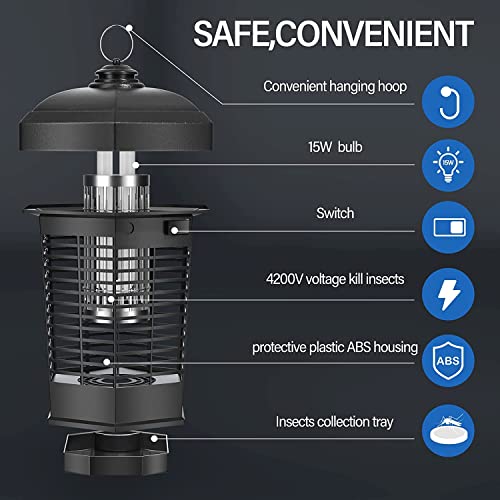 Bug Zapper, Electric Bug Zapper Indoor Oudoor, 4200V 15W Mosquito Zapper Fly Catcher & Electric Insect Killer for Mosquitoes, Flies, Gnats & Other Flying Pests Insects, 1.5 Acre Coverage