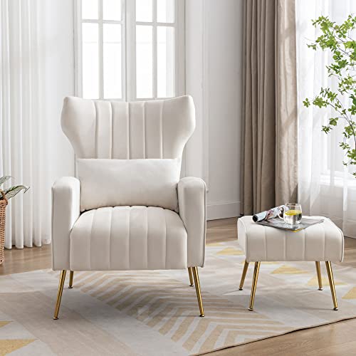 DM Furniture Accent Chair with Ottoman Velvet Modern Wingback Club Chair Upholstered Reading Armchair with Gold Metal Legs for Living Room/Bedroom, Cream