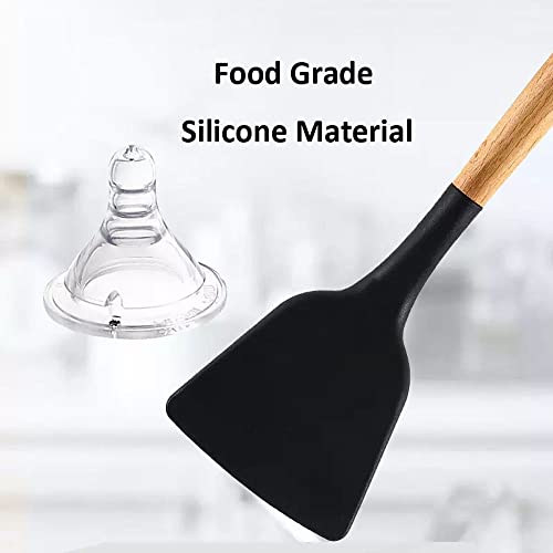 Karangred 12Pcs Silicone Cooking Kitchen Utensils Set with Holder,Wooden Handles Cooking Tool,BPA Free,Non Toxic Turner Tongs Spatula Spoon Kitchen Gadgets Set for Nonstick Cookware (Black)