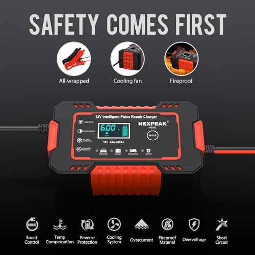 Car Battery Charger, 12V 6A Smart Battery Trickle Charger Automotive 12V Battery Maintainer Desulfator with Temperature Compensation for Car Truck Motorcycle Lawn Mower Marine Lead Acid Batteries