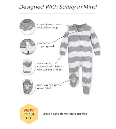 Burt's Bees Baby baby boys Play Pjs, 100% Organic Cotton One-piece Romper Jumpsuit Zip Front Pajamas and Toddler Sleepers, Heather Grey Stripes, Newborn US