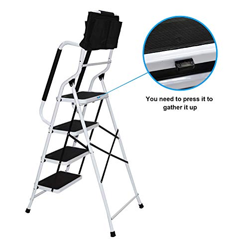 EdMaxwell 4 Step Ladder with Handrails 500 lb Capacity Step Stool Folding Portable Ladders for Home Kitchen Steel Frame with Non-Slip Wide Pedal Stepladder with Attachable Tool Bag White