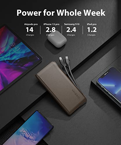 10000mAh Built in Cables Power Bank, 10000 Built in TYPE C Cords External Portable Battery Charger for Cell Phone,Type C (Input & Output) Battery Pack Compatible with iPhone and Samsung, Deep Brown