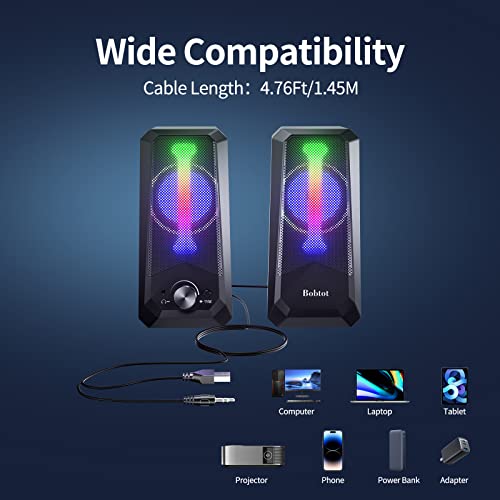 Bobtot Computer Speakers HiFi Stereo Sound - 2.0 Channel RGB Desktop Speakers PC Speaker with Bluetooth Volume Control USB Powered 3.5mm AUX-in Audio System