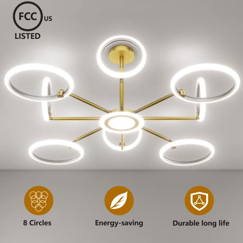 OUQI Ceiling Light Fixture,Modern 8 Lights Fixtures Ceiling Mount, Matte Gold Finish,7000K Dimmable Ceiling Lights with Remote DIY Light Fixture LED Chandelier for Bedroom Living Room Kitchen