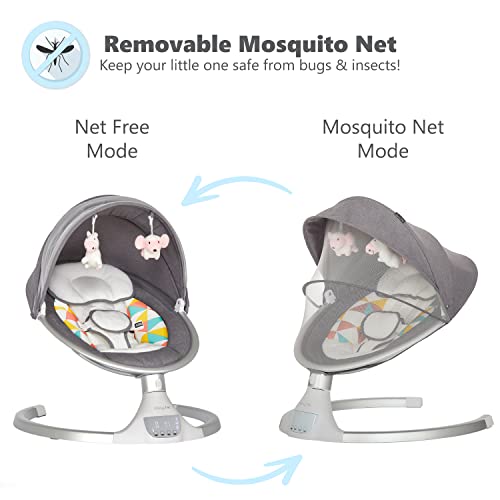 Dream On Me Zazu Baby Swing, Baby Swing for Infant, 5- Swinging Speed, Two Attached Toys, Bluetooth Enabled and Remote Control, Grey and Pink