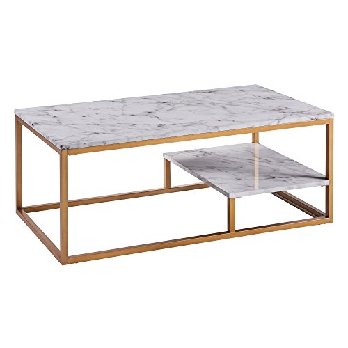 Teamson Home Marmo Faux Marble Modern Rectangle Coffee End Table with Storage Shelf and Easy-Clean Surface for Living and Dining Room Home Office, 16 Inch Height, Brass