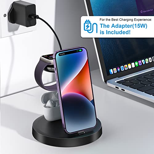 3 in 1 Charging Station, ORIEMAC Wireless Charger for Apple Watch Series 8/7/6/5/4/3/2/SE, Charging Dock Stand for AirPods iPhone 14/13/12/11/Pro/Pro Max/XS/XR/X/8 with 15W Adapter