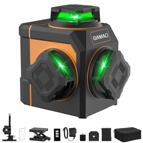 OMMO Laser Level, 12 Lines Green Laser Level 360 Self-leveling, 3x360° 3D Green Cross Line Laser Swivel Level with Rotatable Laser Window Battery and Remote Control