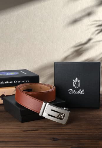 Zitahli Belt Men, Ratchet Belt Dress with 1 3/8" Genuine Leather,Slide Belt with Easier Adjustable Automatic Buckle,Trim to Fit Size 26"-32"