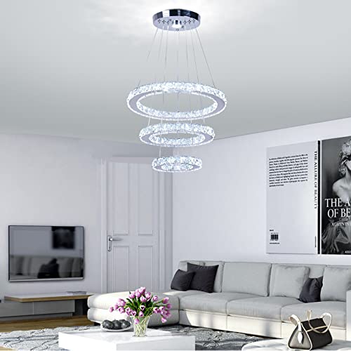 Modern LED Crystal Chandeliers 3 Ring Round Pendant Lighting Fixtures DIY Stainless Steel Ceiling Lamp Hanging Lights for Living Room Dining Room Bedroom Kitchen (Changeable Light)