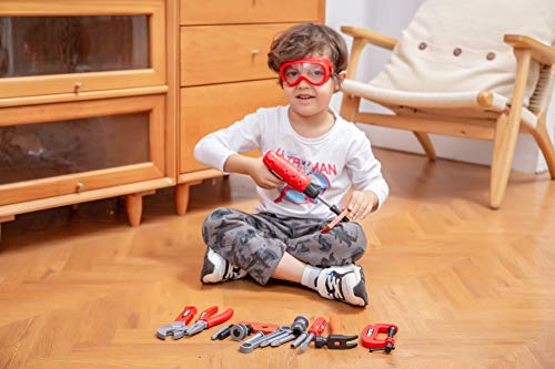 JOYIN 19Pcs Kids Tool Set, Pretend Play Toddler Power Toy Tool with Construction Tool Box & Electronic Toy Drill for for Boy Girl Halloween Birthday Dress Up Party