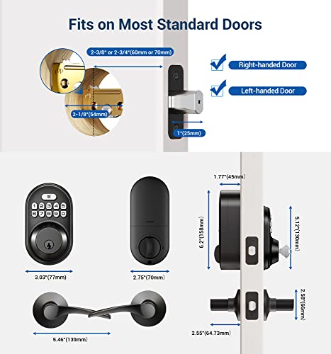 Veise Keyless Entry Door Lock with 2 Lever Handles - Electronic Keypad Deadbolt, Auto Lock, Back Lit & Easy Installation Design, Front Door Handle Sets,Matte Black