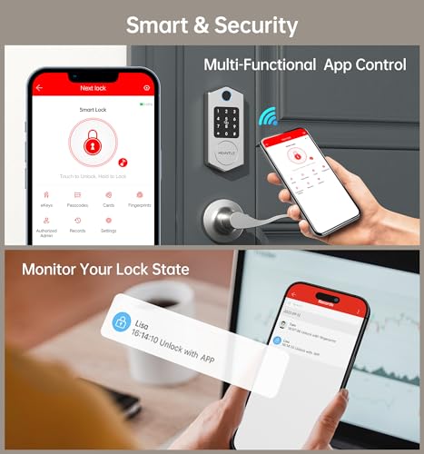 HEANTLE Smart Front Door Lock Set, 8-in-1 Fingerprint Keyless Entry Door Lock with App Control, Electronic Touchscreen Keypad Deadbolt with 2 Lever Handles, Auto Lock,Easy Installation, Silver