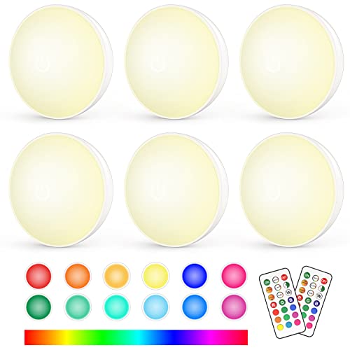 Puck Lights with Remote Control, 13 Colors 4 Lighting Mode Changeable RGB LED Under Cabinet Lighting,AA Battery Powered Push Night Lights 3M Stick-on,Under Counter Lighting With Timer Function(6 Pack)