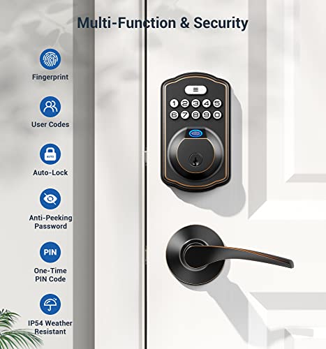 Veise Fingerprint Door Lock with 2 Lever Handles - Keyless Entry Door Lock with Handle, Electronic Keypad Deadbolt Front Door Lock Set, Auto Lock, 1 Touch Locking, Easy Installation, Oil Rubbed Bronze