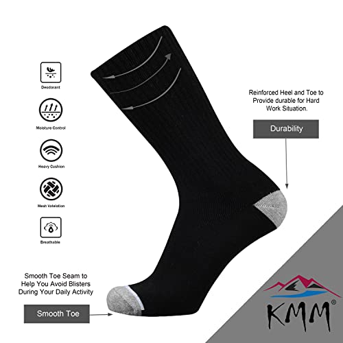 KMM Men's Cotton Full Thick Cushion Crew Socks Moisture Control Heavy Duty Work Western Boot Warm Thermal Anti Sweat Blisters(Black L)