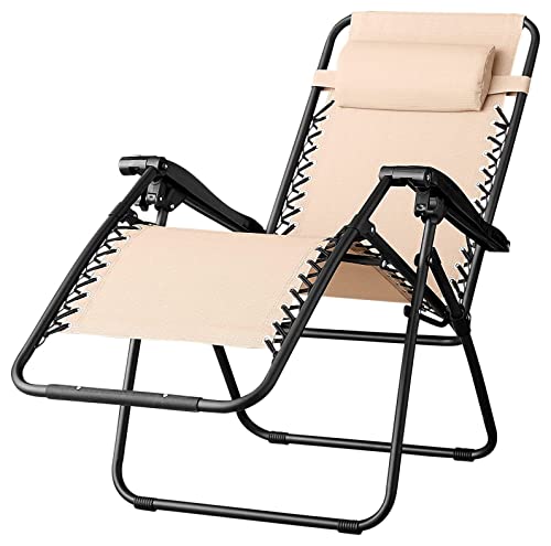 Amazon Basics Outdoor Textilene Adjustable Zero Gravity Folding Reclining Lounge Chair with Pillow, 26", Beige