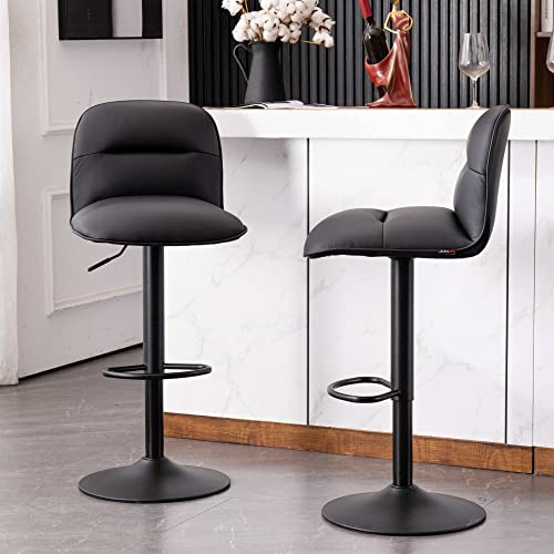 YOUTASTE Black Bar Stools Set of 2 PU Leather Upholstered Counter Height Barstools Adjustable 360 Swivel Metal Thickened High Back Bar Chairs Kitchen Island Stools