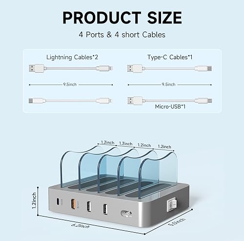 Charging Station for Multiple Devices,PD 20W Fast Charging for lPhone 14/13/12,Multi Charger Station with 4 Charging Cables, Compatible with Cellphone iPad Tablet and Others