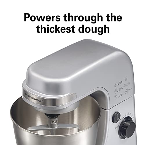 Hamilton Beach Electric Stand Mixer, 4 Quarts, Dough Hook, Flat Beater Attachments, Splash Guard 7 Speeds with Whisk, Silver