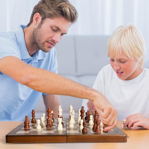 DAWEN LONE 15" Chess Set,Chess Board,Magnetic Wooden Chess Board,Augment 2 Queen,Folding Board Individual Piece Storage Slot and Storage Bag,Suitable for Beginners All Chess Lovers